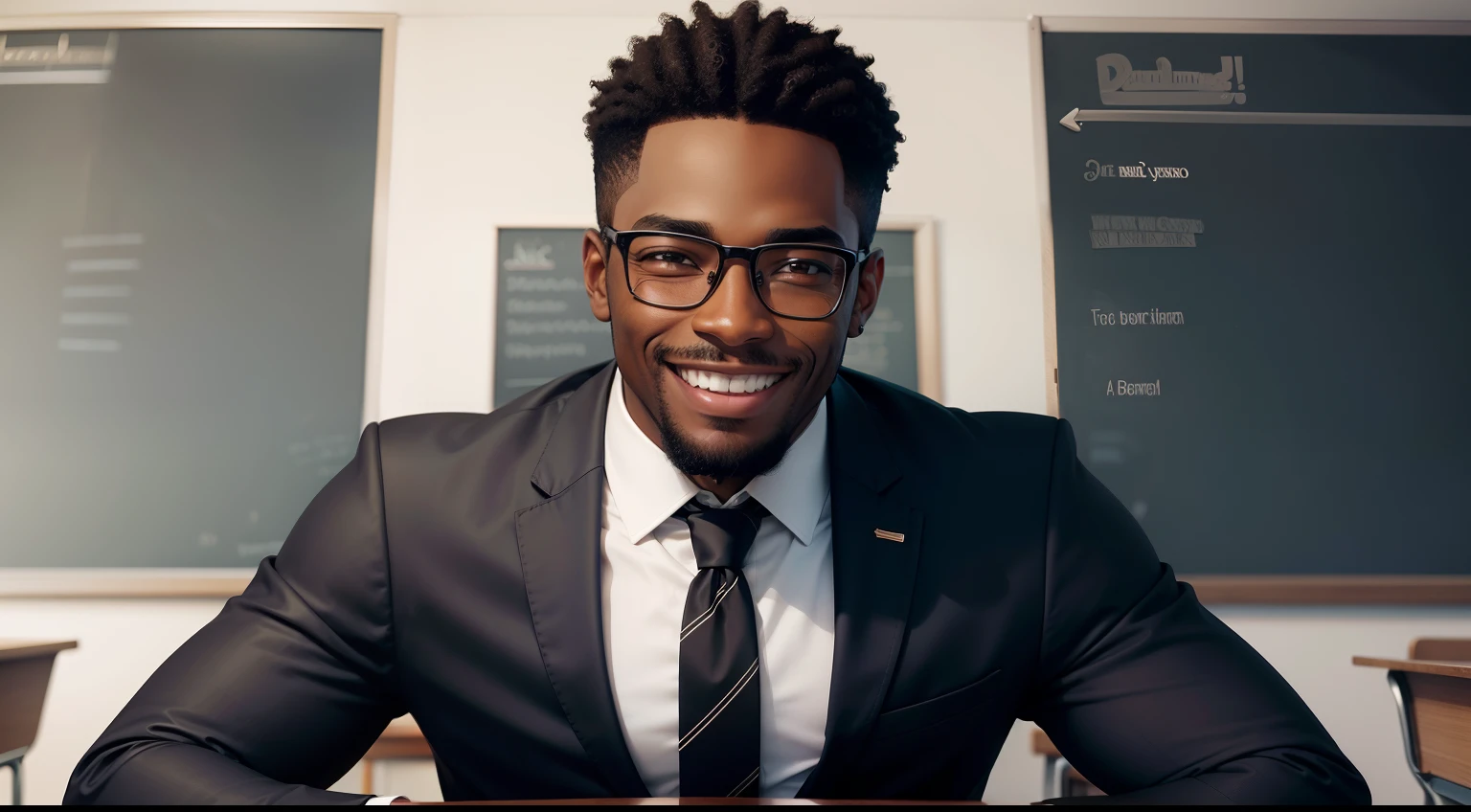Black man with glasses with the face of a teacher teaching on a board and with a tie smiling, the man should be tall and have a very happy face