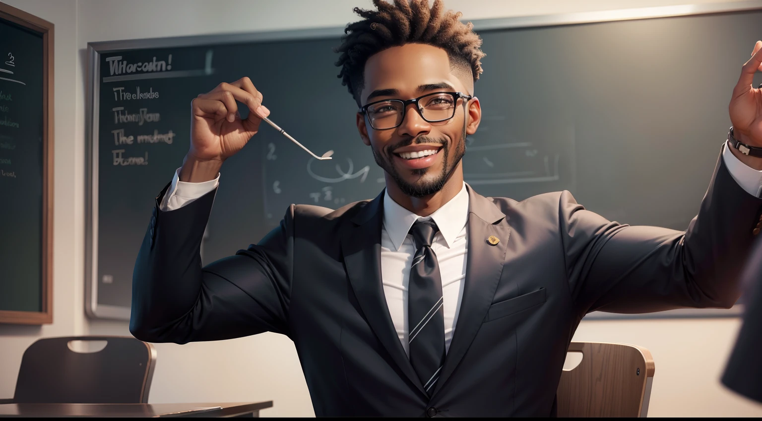 Black man with glasses with the face of a teacher teaching on a board and with a tie smiling, the man should be tall and have a very happy face