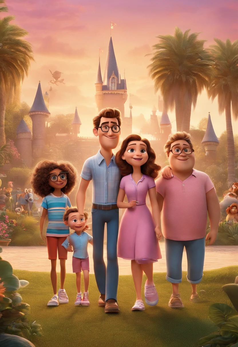 a Disney Pixar movie poster showing a white-skinned family. The father is the tallest, Tem barba curta, loiro, curto, prickly hair and wears glasses. The mother has brown eyes and hair, compridos. A menina tem 11 anos e cabelos loiros, compridos e cacheados, Pink outfit and all star on foot. The background is a beach garden. 3D-rendering