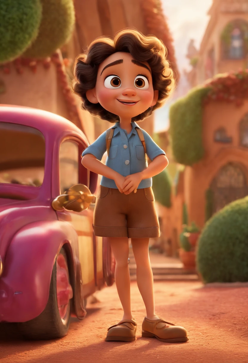 Um filme inspirado na Disney Pixar (MULHER morena DE 35 ANOS COM CABELO CURTO liso PRETO e cortado dos lados, with thin golden vision glasses, olhos castanhos e nariz redondo e dentes brancos) dentro A cena estar na arte distinta do estilo PIXAR, descolada e estilosa, Standing on a pink dirt street, com restaurantes e muitas sobrinhas pequenas e coloridas penduradas nos fios e variadas para baixo