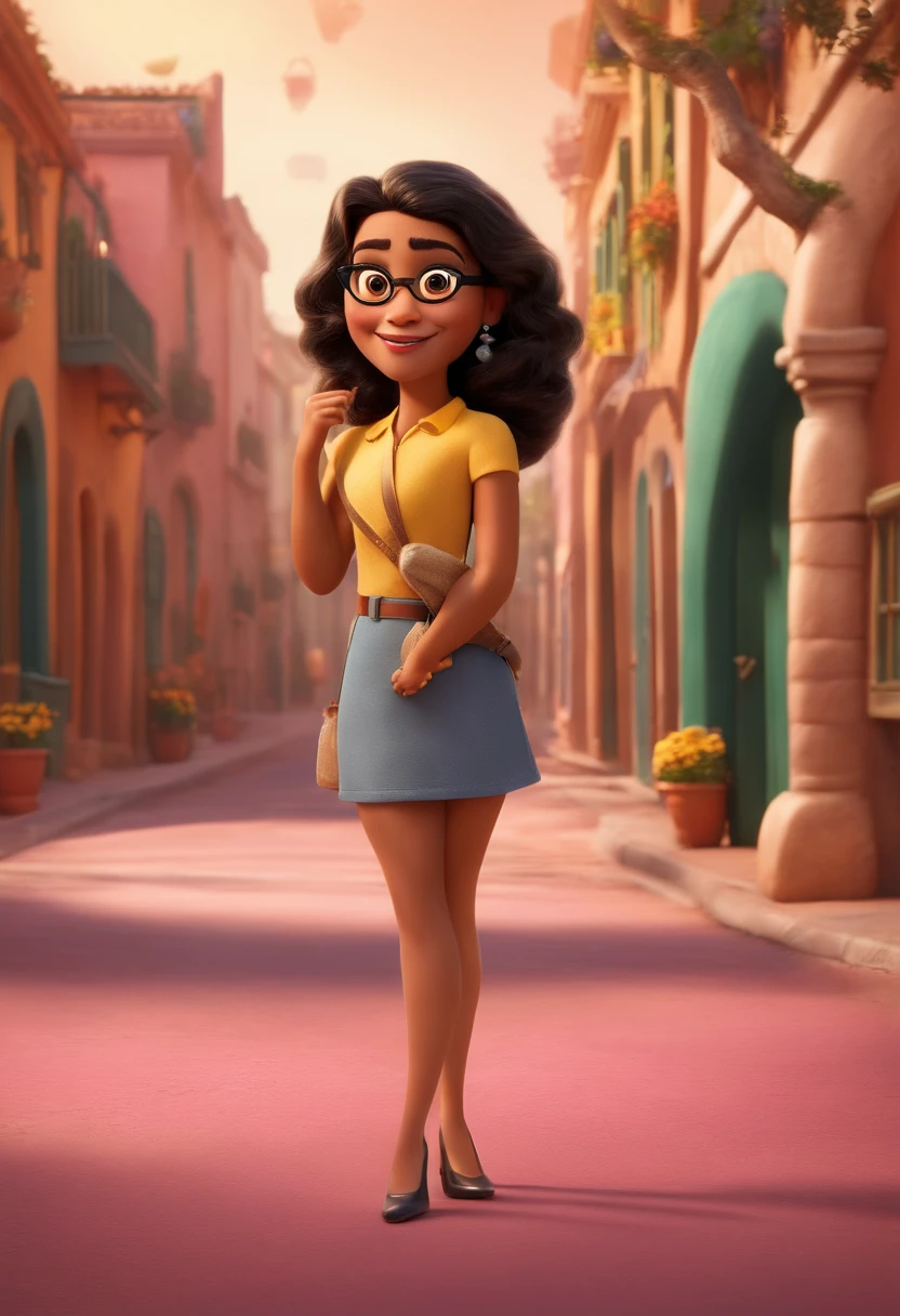 Um filme inspirado na Disney Pixar (MULHER morena DE 35 ANOS COM CABELO CURTO liso PRETO e cortado dos lados, with thin golden vision glasses, olhos castanhos e nariz redondo e dentes brancos) dentro A cena estar na arte distinta do estilo PIXAR, descolada e estilosa, Standing on a pink dirt street, com restaurantes e muitas sobrinhas pequenas e coloridas penduradas nos fios e variadas para baixo