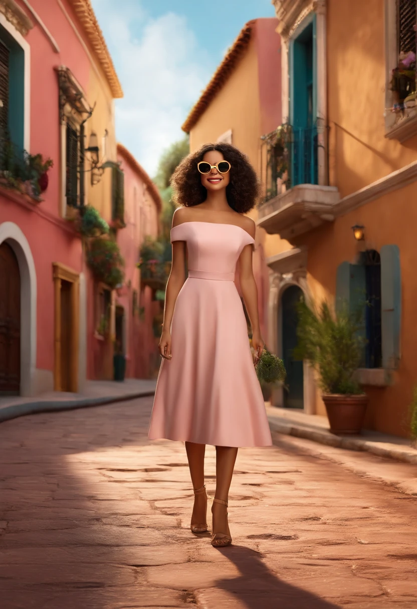 Um filme inspirado na Disney Pixar (MULHER morena DE 35 ANOS COM CABELO CURTO liso PRETO e cortado dos lados, with thin golden vision glasses, olhos castanhos e nariz redondo e dentes brancos) dentro A cena estar na arte distinta do estilo PIXAR, descolada e estilosa, Standing on a pink dirt street, com restaurantes e muitas sobrinhas pequenas e coloridas penduradas nos fios e variadas para baixo