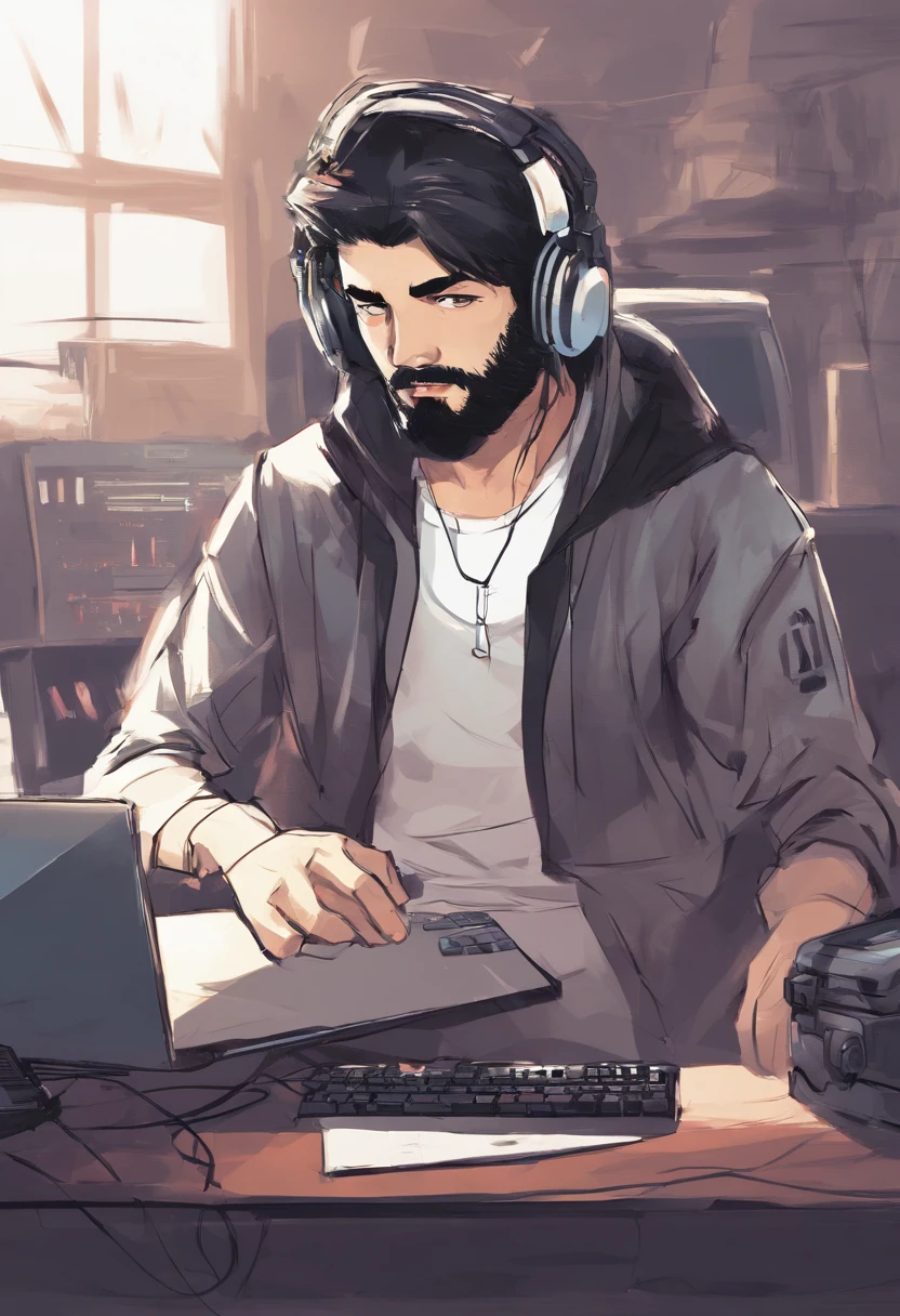 Um jovem, branco, with a medium-sized beard and long black hair, com headphone, jogando em um computador gamer