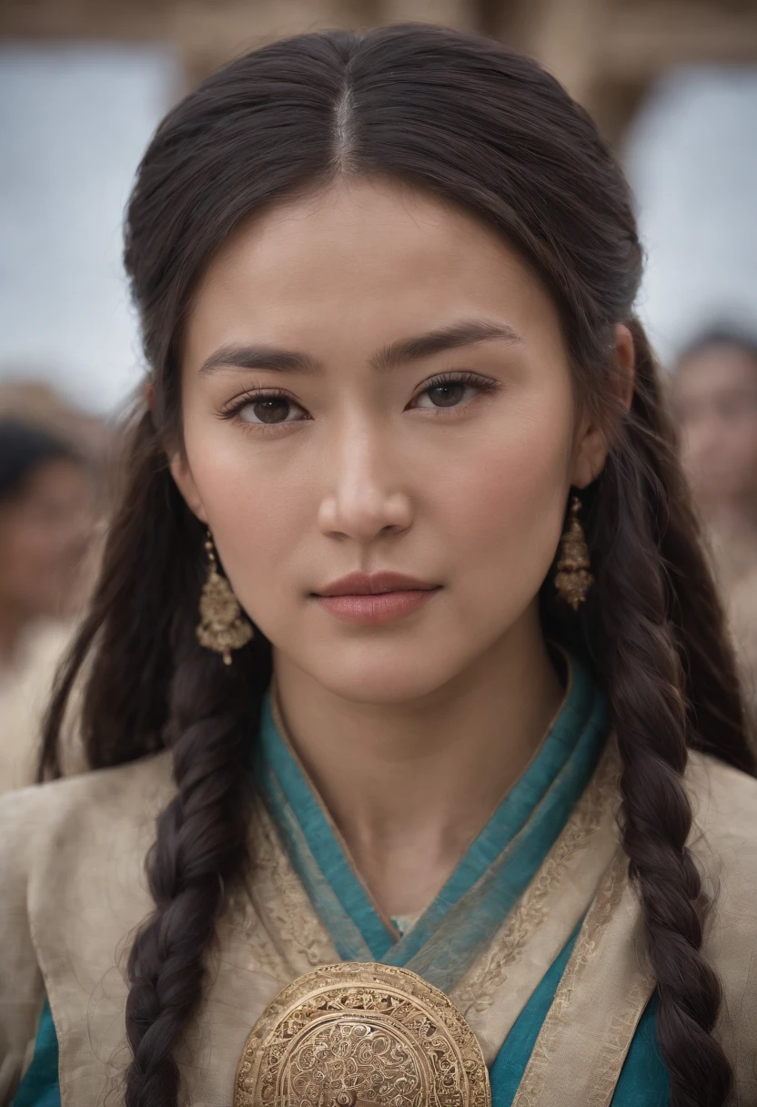 Create a hyper-realistic scene that portrays Khutulun's enduring legacy as a symbol of resilience and power in the Mongolian empire. Capture the respect and admiration of her people, and emphasize the historical significance of her story. --ar 3:4 --q 1 --stylize 500"