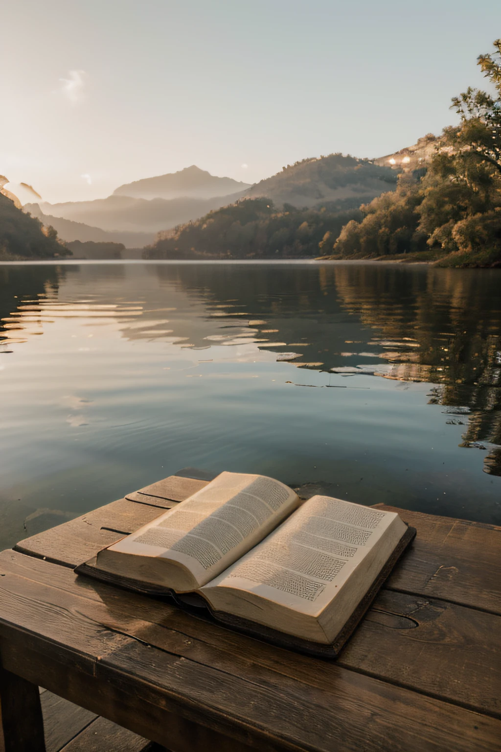 Worn Bible on wooden table, serene lakeside at dawn, morning glow on golden cross, tranquil water with sunrise reflections ~ Taken on: Canon EOS R5, 50mm lens, ISO 100, f/2.8, 1/200s.