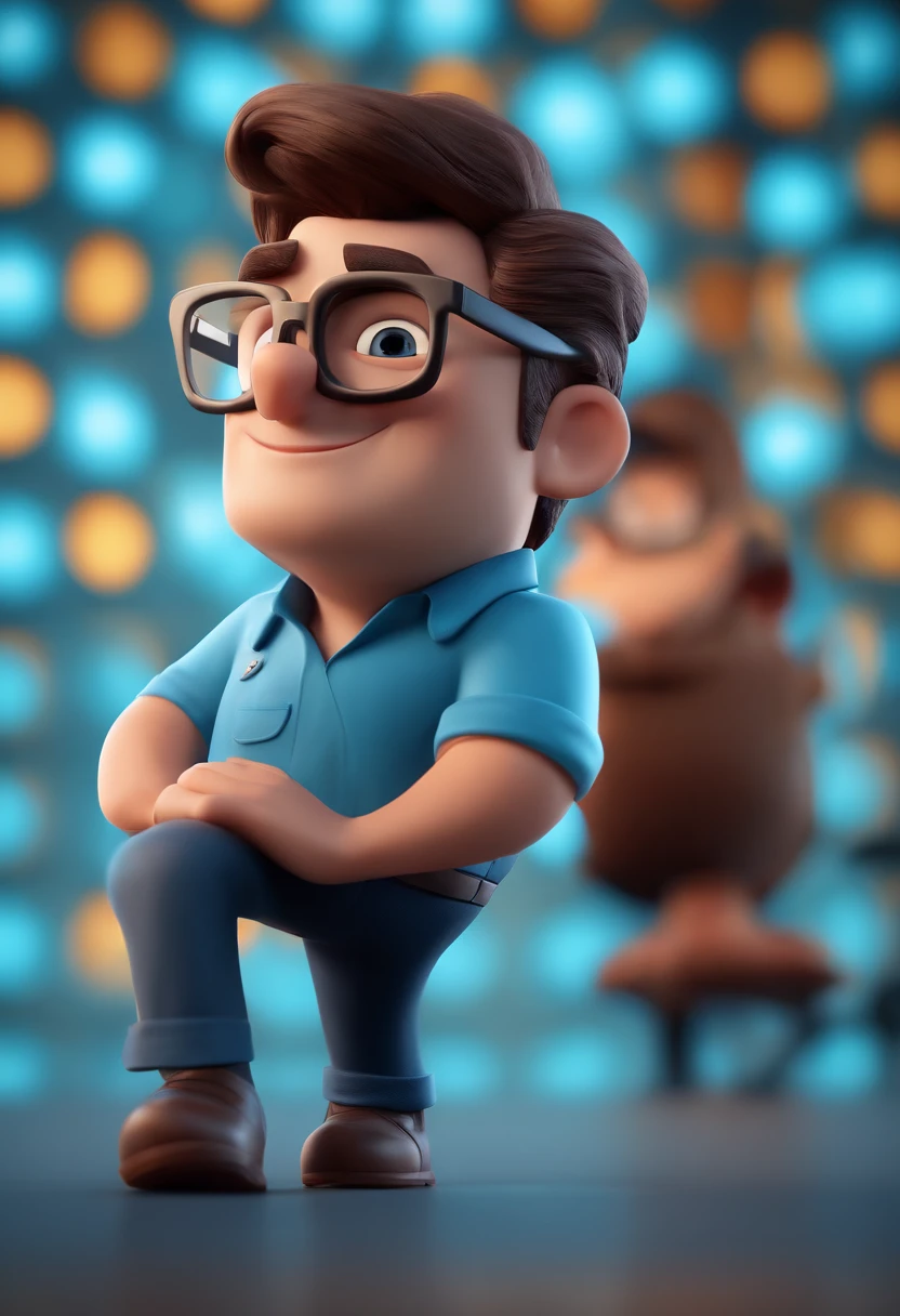 Cartoon character of a man with black glasses and a blue shirt, animation character, Caractere estilizado, animation style rendering, 3D estilizado, Arnold Maya render, 3 d render stylized, toon render keyshot, Personagem 3D, Personagem 3D, 3d rendering stylized, 3 d character render, personagem de desenho animado, Personagem de close up, Pose de personagem,  (Estilo Pixar) (master part:1.2) (Bokeh) (best quality) (pele detalhada) (textura detalhada) (8k) (argila) (Cinematic lighting) (foco nítido