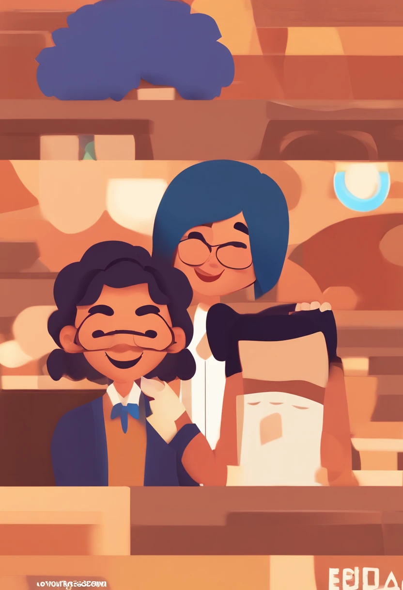An illustration of an adorable couple, Highlight for a chubby mulatto man with glasses smiling and a brunette woman with beautiful expressive eyes - the man's skin is mulatto and the man's hair haswhile the woman's skin is black and the woman's hair is straight and brown. They are a bright room, cada um com um sorriso no rosto, e compartilhar um momento especial caracterizado pelo amor, Insights. Illustrate this scene from a perspective where they are facing the camera, Smiling and Showing Your Connection. Desenvolva esta arte em Full HD, Focus on your cinematic touch, Estilo Disney Pixar Animations