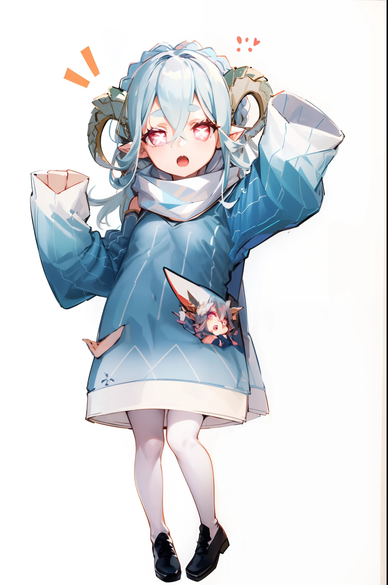 masterpiece, best quality, high resolution,
1girl, solo, long hair, breasts, meme attire, braid, looking at viewer, blue hair, very long hair, medium breasts, sideboob, SecLarva, scarf, 2ndClothing, sleeves past wrists, pantyhose, open mouth, dragon girl, bare shoulders, hair between eyes, dragon horns
1girl, solo,