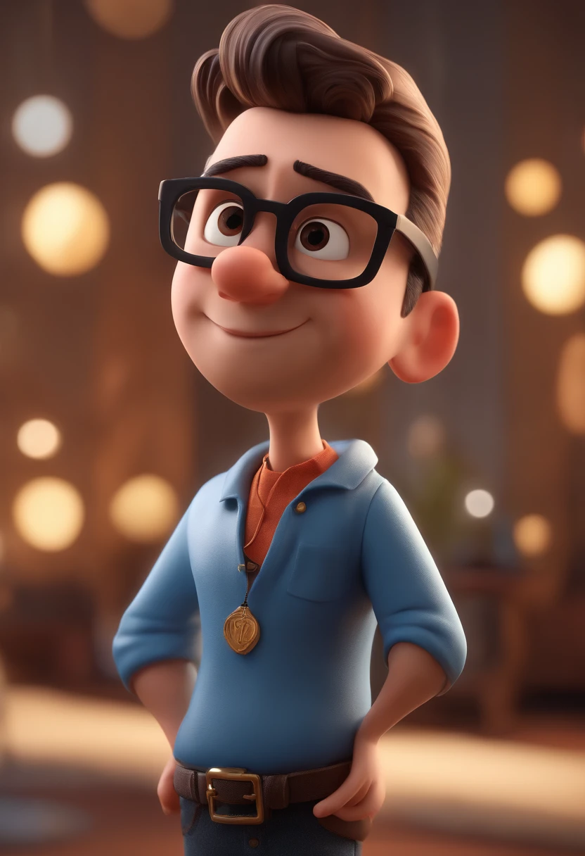 Cartoon character of a man with black glasses and a blue shirt, animation character, Caractere estilizado, animation style rendering, 3D estilizado, Arnold Maya render, 3 d render stylized, toon render keyshot, Personagem 3D, Personagem 3D, 3d rendering stylized, 3 d character render, personagem de desenho animado, Personagem de close up, Pose de personagem,  (Estilo Pixar) (master part:1.2) (Bokeh) (best quality) (pele detalhada) (textura detalhada) (8k) (argila) (Cinematic lighting) (foco nítido