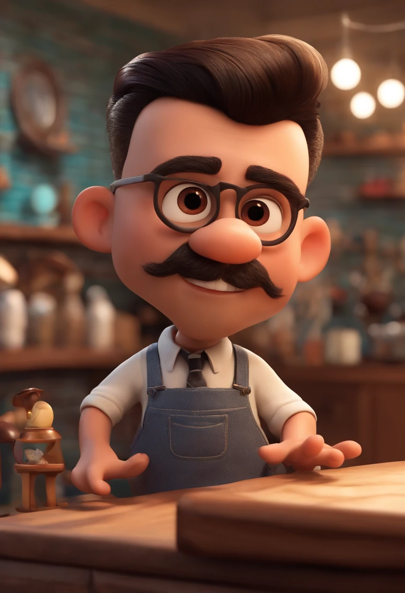 A Dream Barber Inspired by Pixar Animation, de perto. The character takes center stage with captivating facial expressions, oferecendo um toque de irrealidade, Cabelo curto e gordinho gradiente