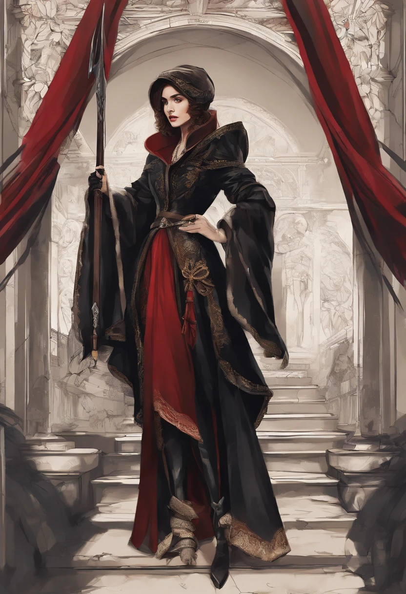 Lily Collins com cabelo encaracolado preto com capuz vermelho, roupas medievais, bow and arrow in hand, Entering an arena landscape full of bleachers and audience watching the illustration is detailed, suave e brilhante, Arte HD por Citemer Liu