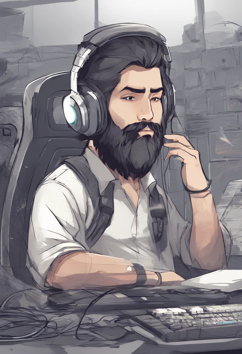 Um jovem com cerca de 90kgs, Branco, with a medium-sized beard and long black hair, com headphone, jogando em um computador gamer