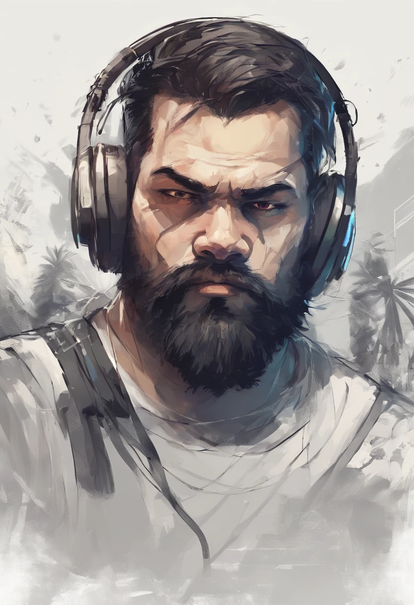 Um jovem com cerca de 90kgs, Branco, with a medium-sized beard and long black hair, com headphone, jogando em um computador gamer