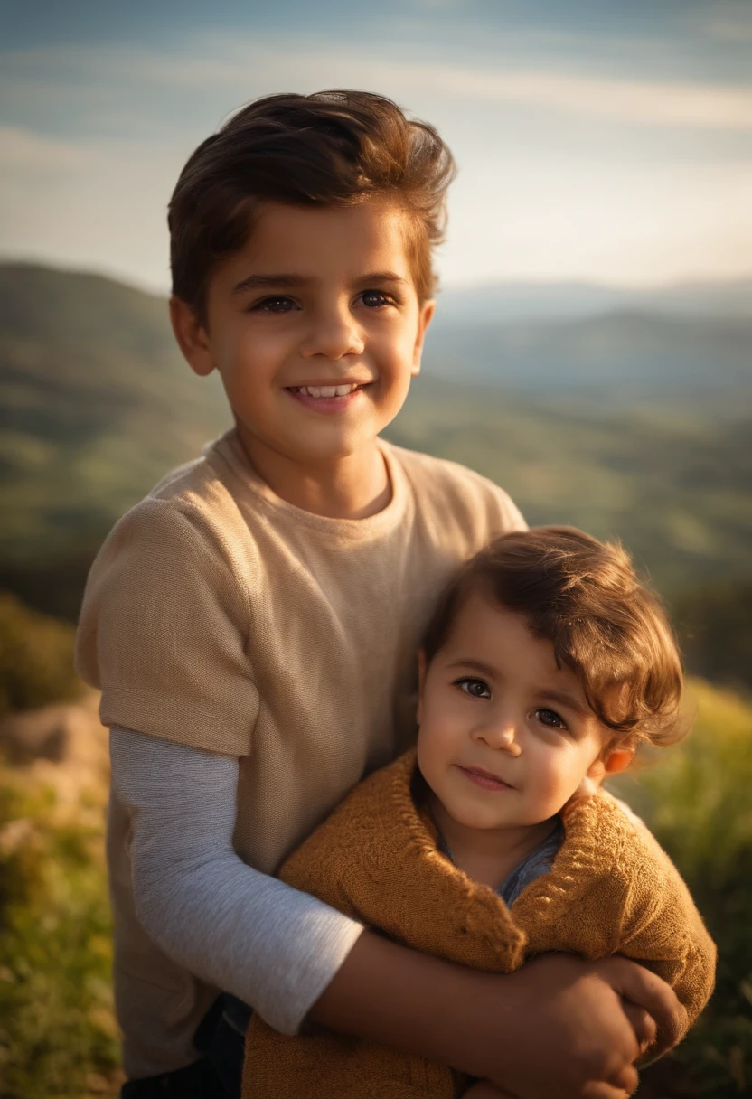 menino: Miguel, aproximadamente 5 anos de idade, cabelo curto estilo Disney, olhos castanhos e sorrisos. garota: Giovana, 2 anos, longos cabelos pretos e olhos azuis. scenecy: Miguel and Giovana are in a cozy little house in the valley, ao fundo um dia ensolarado, Destacando o Sol.