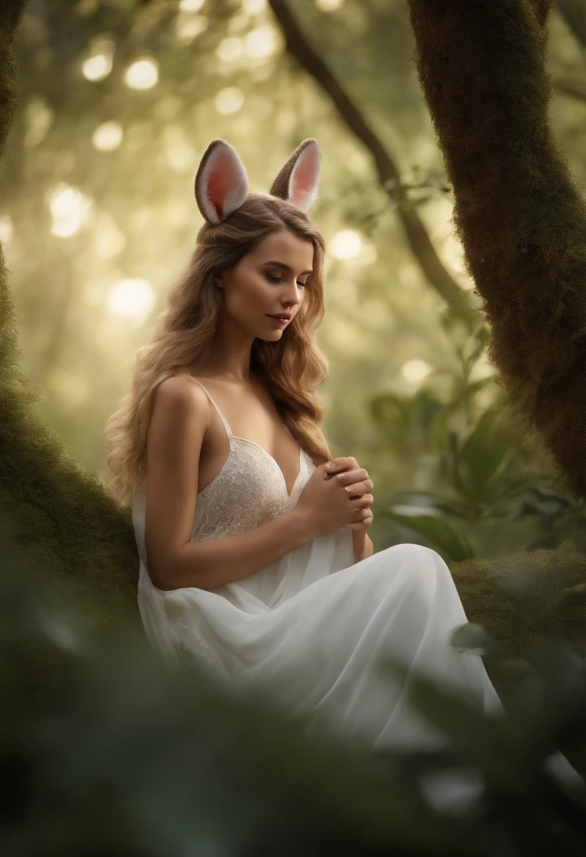 Uma foto profissional de alta qualidade, in 4k resolution, captura em detalhes realistas uma garota encantadora em um pijama branco fofo com orelhas e rabo de raposa. She's sitting in the middle of an enchanted forest, where each element is portrayed to perfection. As texturas do pijama, ears and tail are sharp and palpable. A luz do sol incide sobre as folhas e ilumina suavemente o rosto da menina, highlighting every delicate and charming expression