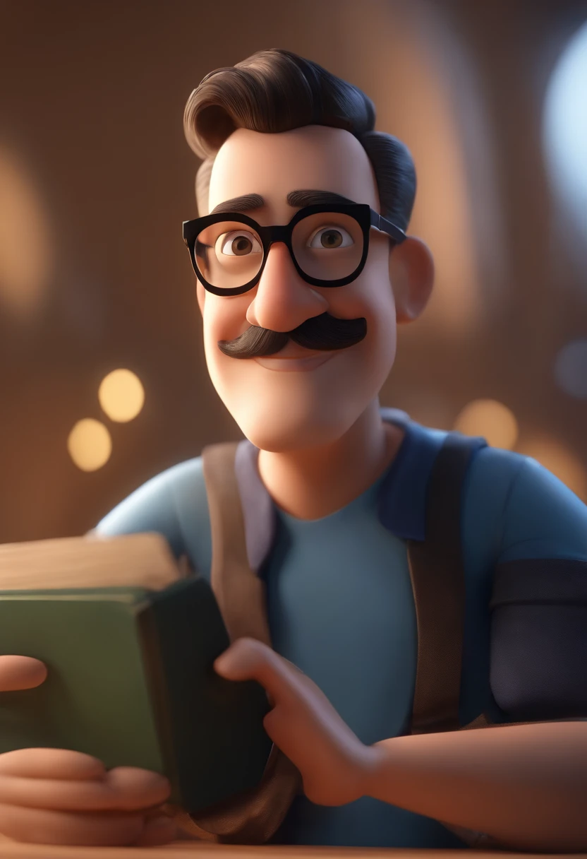 Cartoon character of a man wearing black glasses and a blue shirt, um personagem animado, Caractere estilizado, animation style rendering, 3D estilizado, Arnold Maya render, 3 d render stylized, toon render keyshot, Personagem 3D, Personagem 3D, 3d rendering stylized, 3 d character render, personagem de desenho animado, Personagem de close up, Pose de personagem, (Estilo Pixar) (master part:1.2) (Bokeh) (best quality) (pele detalhada) (textura detalhada) (8k) (argila) (Cinematic lighting) (foco nítido,Senta e vaza a parte superior do corpo