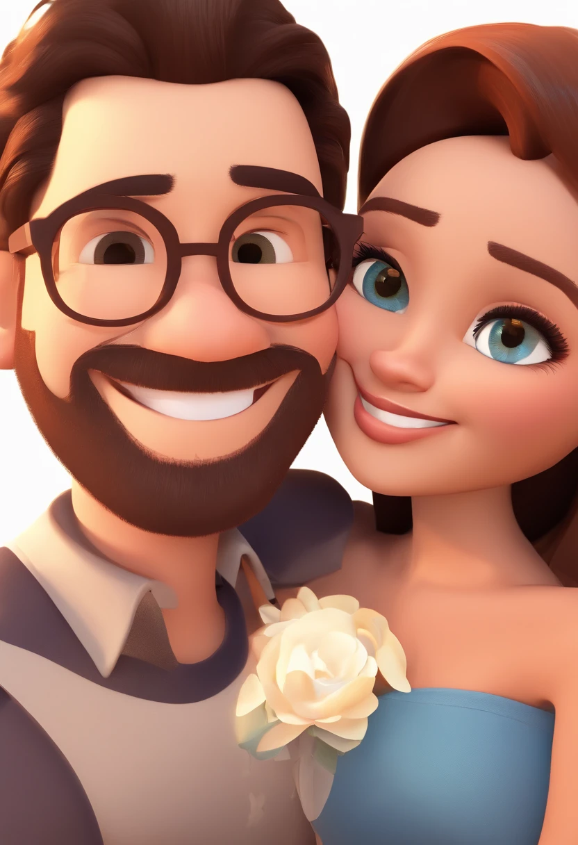 An illustration of an adorable couple, Highlight for a chubby mulatto man with smiling glasses and a brunette woman with beautiful expressive eyes - the man's skin is mulatto and the man's hair has, while the woman's skin is black and the woman's hair is straight and brown. They are a bright room, cada um com um sorriso no rosto, e compartilhar um momento especial caracterizado pelo amor, Insights. Illustrate this scene from a perspective where they are facing the camera, Smiling and Showing Your Connection. Desenvolva esta arte em Full HD, Focus on your cinematic touch, Estilo Disney Pixar Animations