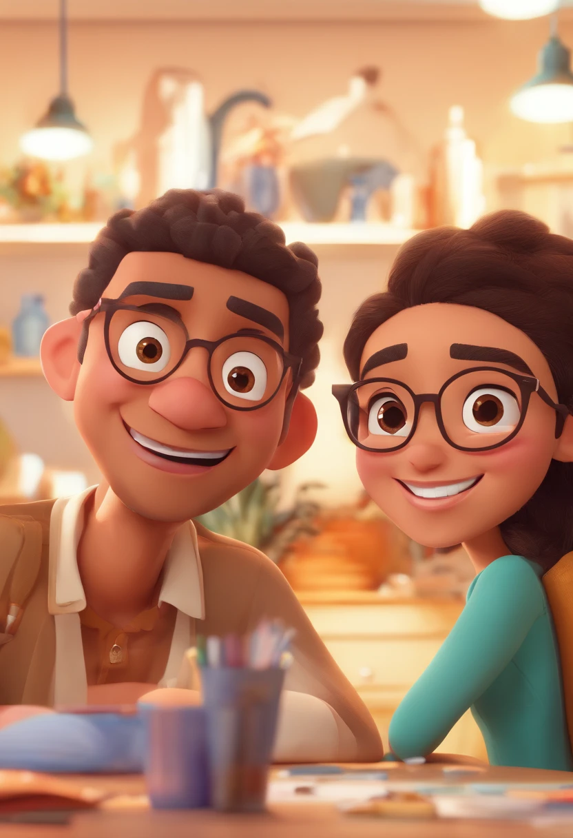 An illustration of an adorable couple, Highlight for a chubby mulatto man with smiling glasses and a brunette woman with beautiful expressive eyes - the man's skin is mulatto and the man's hair has, while the woman's skin is black and the woman's hair is straight and brown. They are a bright room, cada um com um sorriso no rosto, e compartilhar um momento especial caracterizado pelo amor, Insights. Illustrate this scene from a perspective where they are facing the camera, Smiling and Showing Your Connection. Desenvolva esta arte em Full HD, Focus on your cinematic touch, Estilo Disney Pixar Animations