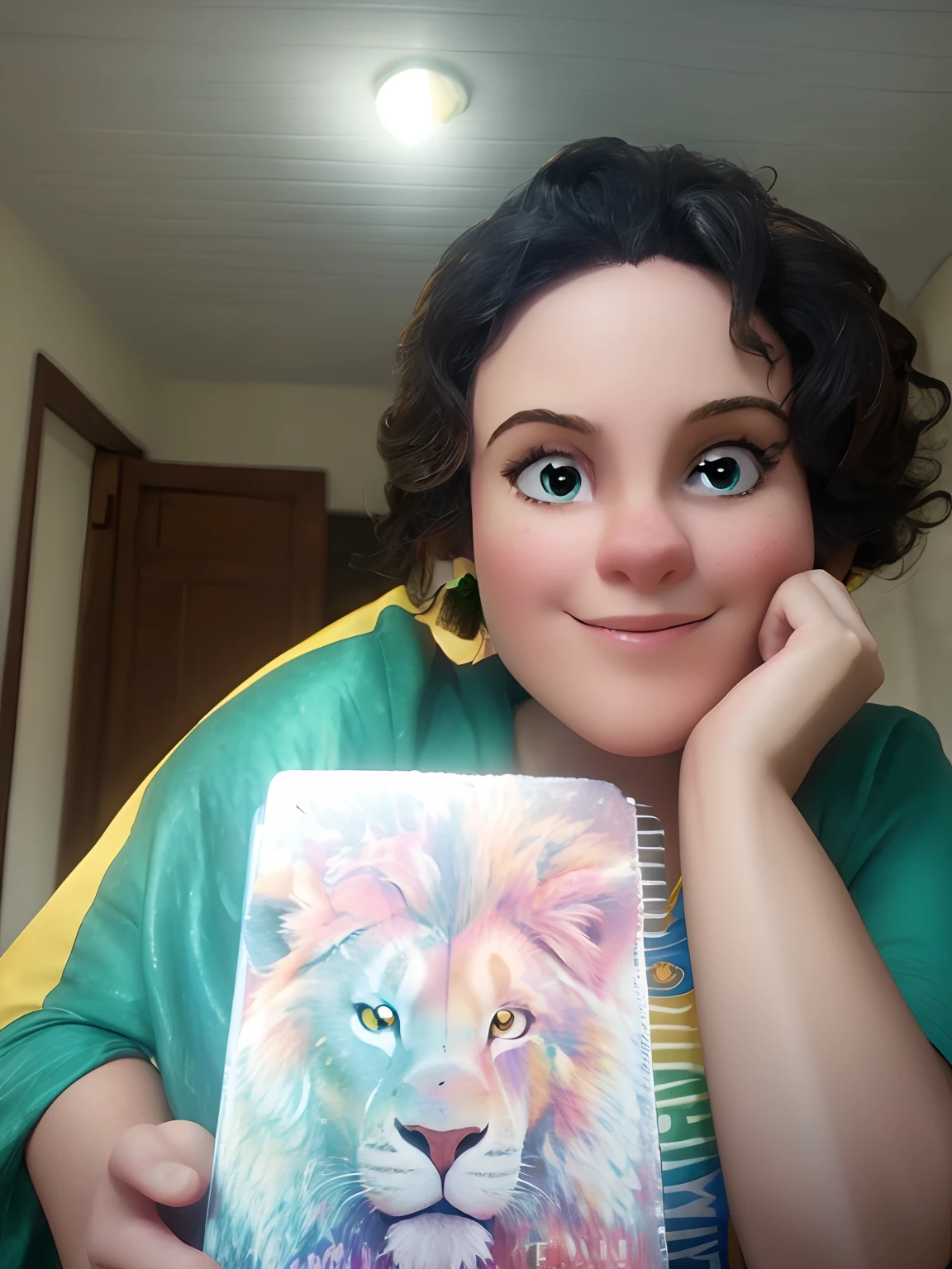 White woman draped in Brazil flag holding a book with a lion on the cover, estilo Disney pixar 3d