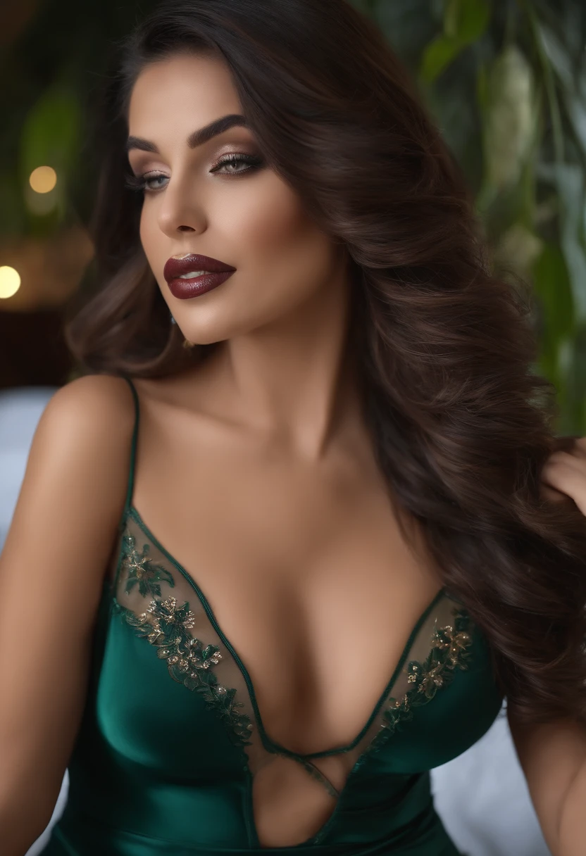 (best quality,4k,8k,Altas,master part:1.2),ultra-detalhado,Realistic,belos olhos detalhados,beautiful detailed lips,vivid colors,foco nítido,profissional,retrato,cabelos pretos longos,olhos verdes,Mulher de 40 anos,lingerie,lingerie transparente,sexy,decote mergulhante,deitado na cama,peito grande e agitado