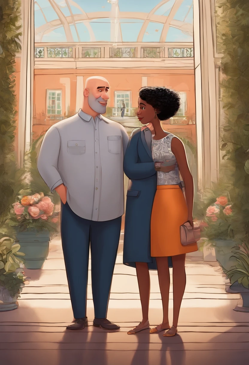 pixar. Couple with a large white doodle and small grey doodle. Man is tall, bald. Women is short, with black hair.