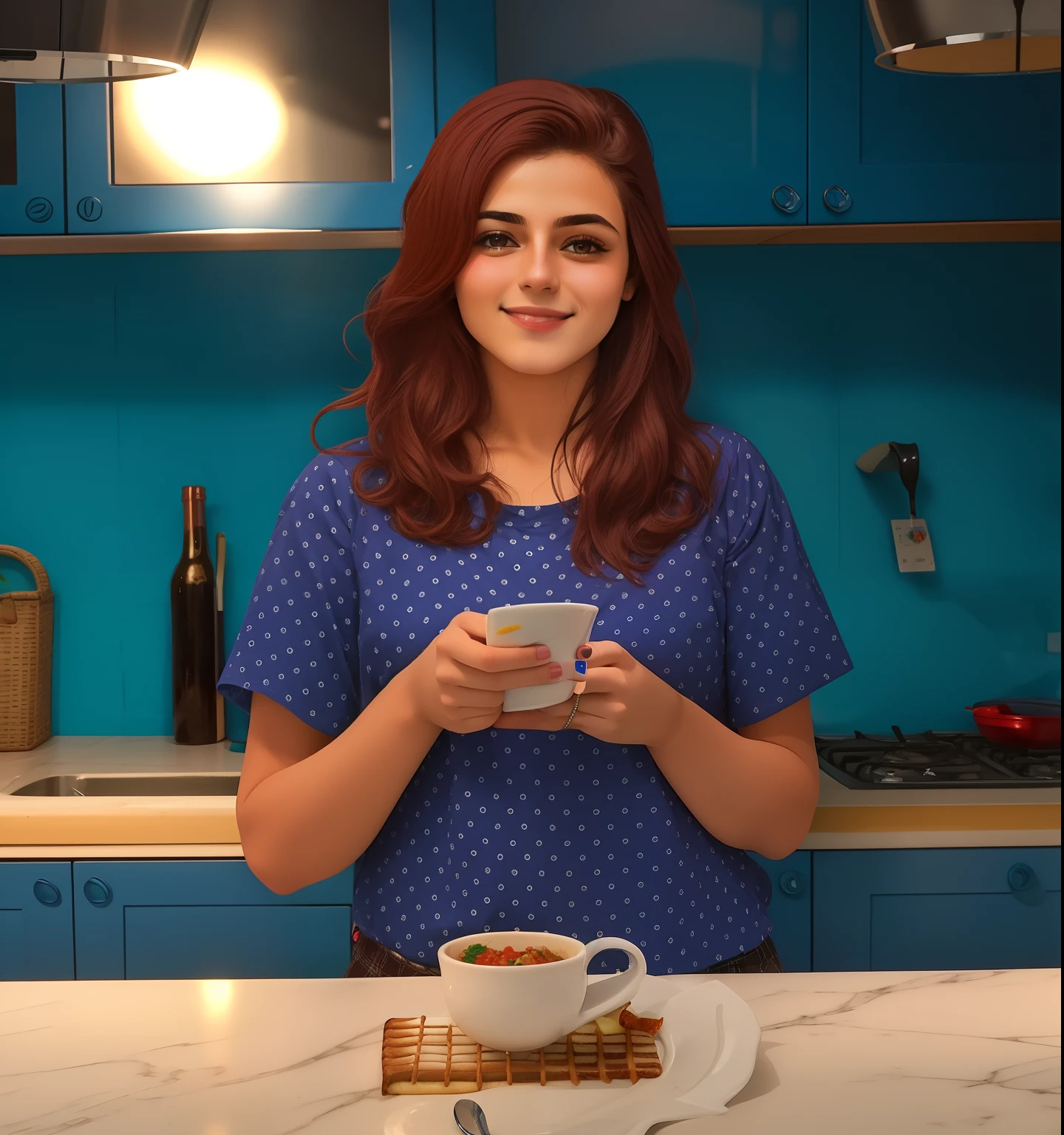 Uma bela jovem de cabelo longo cacheado, na cozinha azul