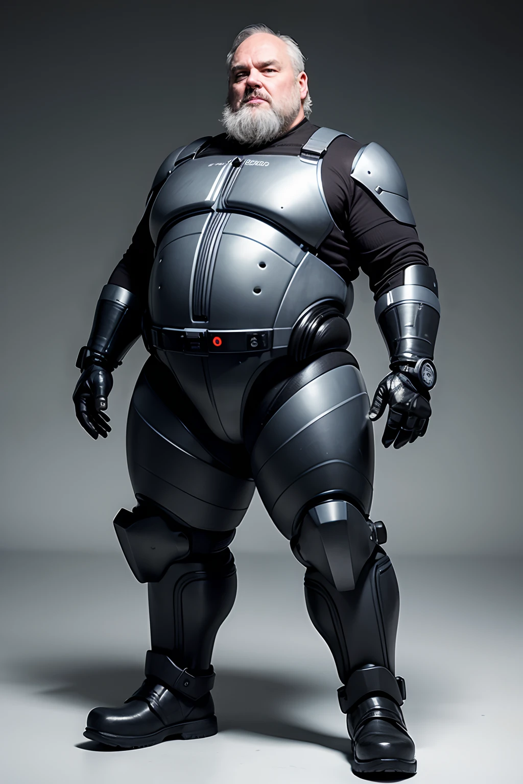 Fat 60-year-old pot-bellied man with a long voluminous gray beard. Wearing a Robocop suit.
