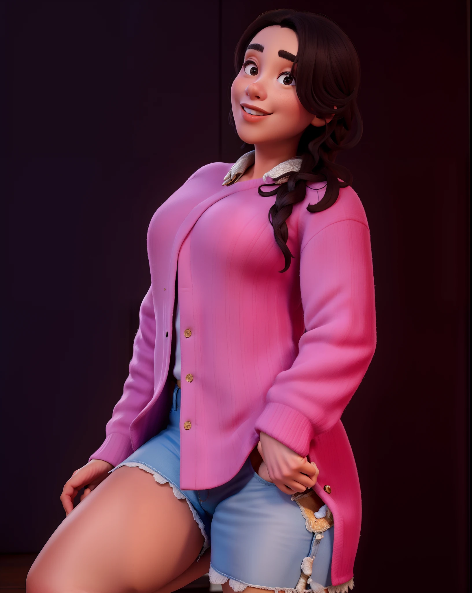woman, adult age Mabel Pines, solo, long hair flowing in soft curls, brown hair, hairband adorned with a small, unique charm, wearing a cozy sweater, shy smile, cheeks slightly flushed with blush, full body shot, fashionable skirt, breasts subtly visible, showcasing a playful and endearing charm, detailed background set in the quirky town of Gravity Falls, sunlight filtering through the trees, a sense of whimsy and wonder pervading the scene. Highly detailed facial features, realistic skin texture, bright and expressive eyes, (((magenta sweater with a shooting star print))), (((showing breasts))), (((visible nipples))), (((braces))), (((Purple skirt)))
