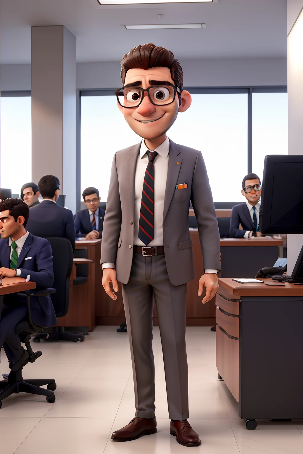 Rogerio is deaf, works at the Bradesco bank wearing a suit, branco, cabelo ondulado, usa oculos , olho castanho , orelhudo ,