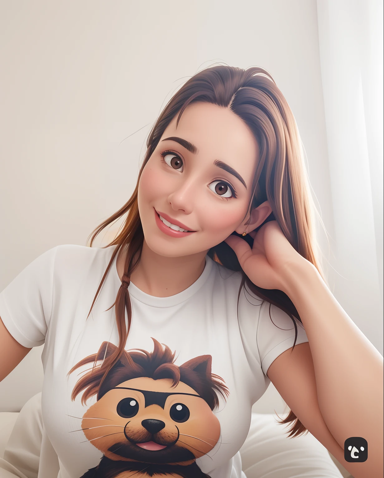 Uma mulher de 30 anos, arquiteta, with medium hair, castanho escuro, Rosto redondo, sorriso encantador, e olhos castanhos e levemente puxados, pele morena, de camisa e trabalhando.