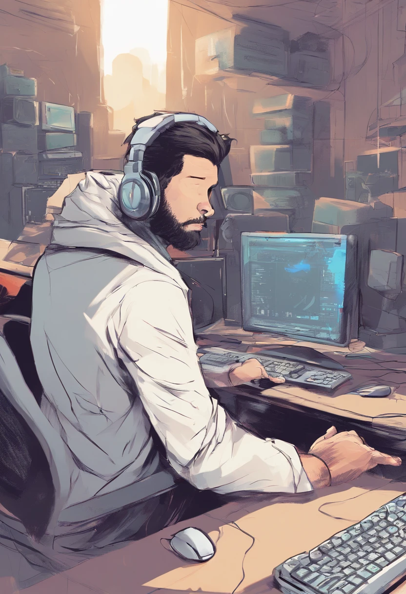 Um jovem com cerca de 90kgs, Branco, with a medium-sized beard and long black hair, com headphone, jogando em um computador gamer