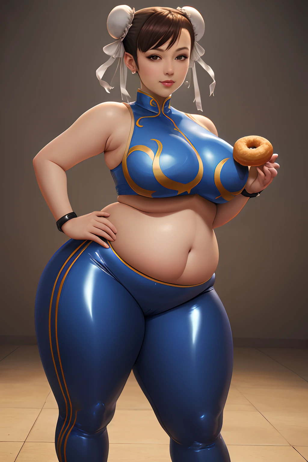 masterpiece, best quality, photorealistic, solo, small smile, (detailed eyes:0.9), Chun Li, eating donuts, cute beautiful face, big deep navel, chubby, soft, curvy, plump, fat rolls, very chubby belly, belly rolls, love handles, muffin top, sexy, tight latex pants, cellulite, thunder thighs, fed up, fatty