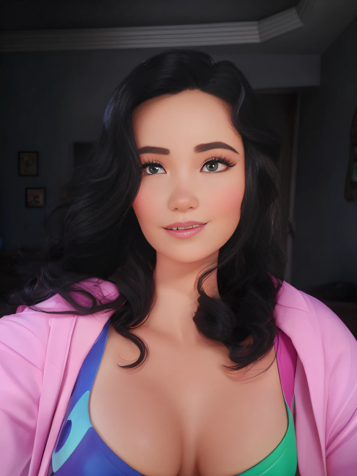 uma mulher branca com olhos azuis e cabelos encaracolados da cor preta, estilo disney pixar, alta qualidade, melhor qualidade