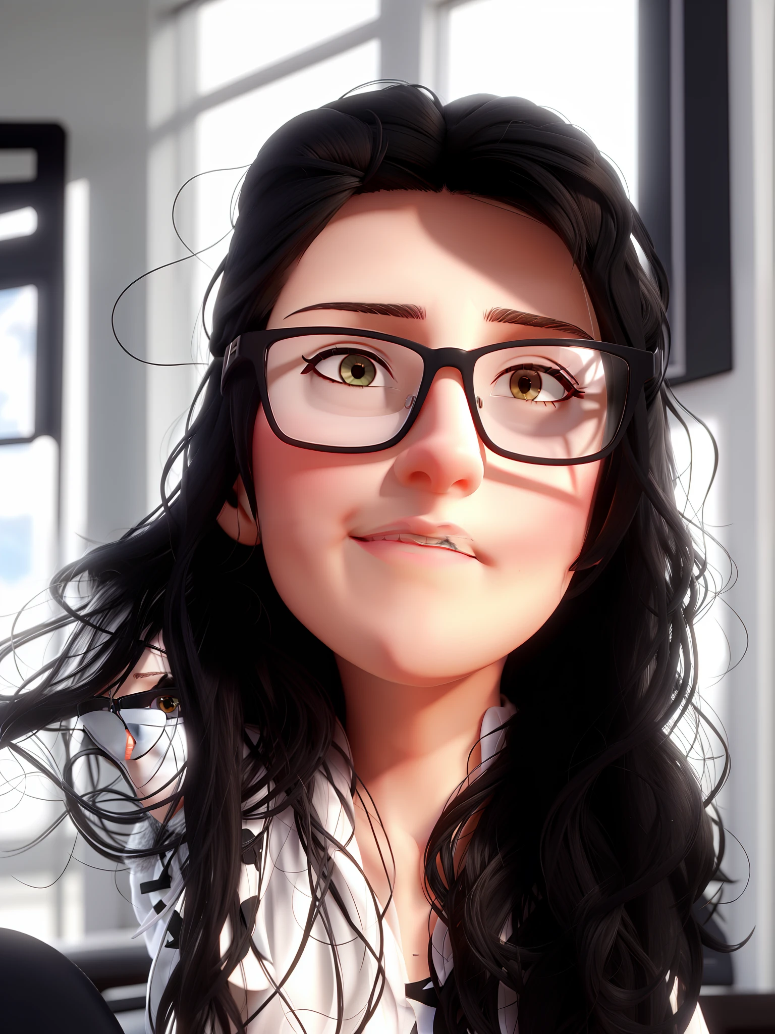 White woman long black hair glasses
