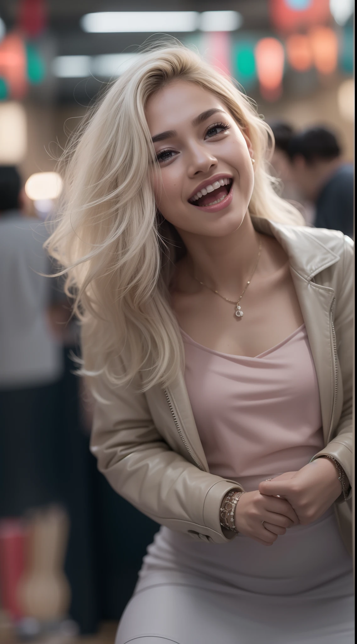 Malay girl very long white shiny hair, wear pastel green high low dress and leather jacket, she squat and laugh, squatting, smiling, very long white wavy hair with Side Swept Ponytail , wear necklace, front view, windy, detail skin, age spot, detail skin texture, mole below eyes, small breast, flat chest, wide hips, small waists, thick thighs, slim abs, beautiful body, nighttime, laughing, happy, bright lighting, people in background, college gym background, blur background, bokeh, location: dinner hall, 35mm lense, low angle Shot, Deep Focus cinematography effect, Natural Lighting, cool-toned color grading, high quality, ultra detail, 8k resolution, using Canon EOS C700,