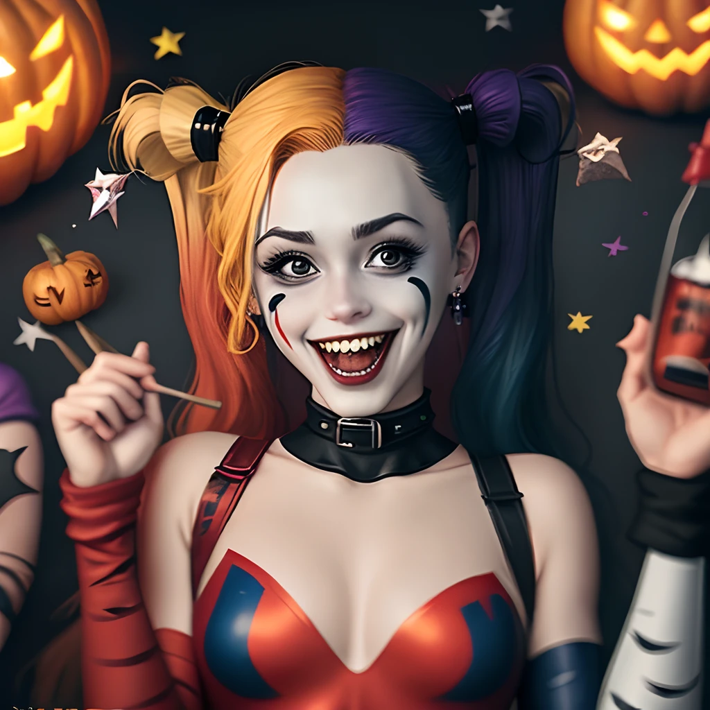 (masutepiece, Best Quality:1.2), naked Harley Quinn (God of Justice League々and monsters), Unlimited stuff, 1girl in, Smile, Sitting, Looking at Viewer, eating shaved ice, at food stand, Night, showing her tits, hard nipples.