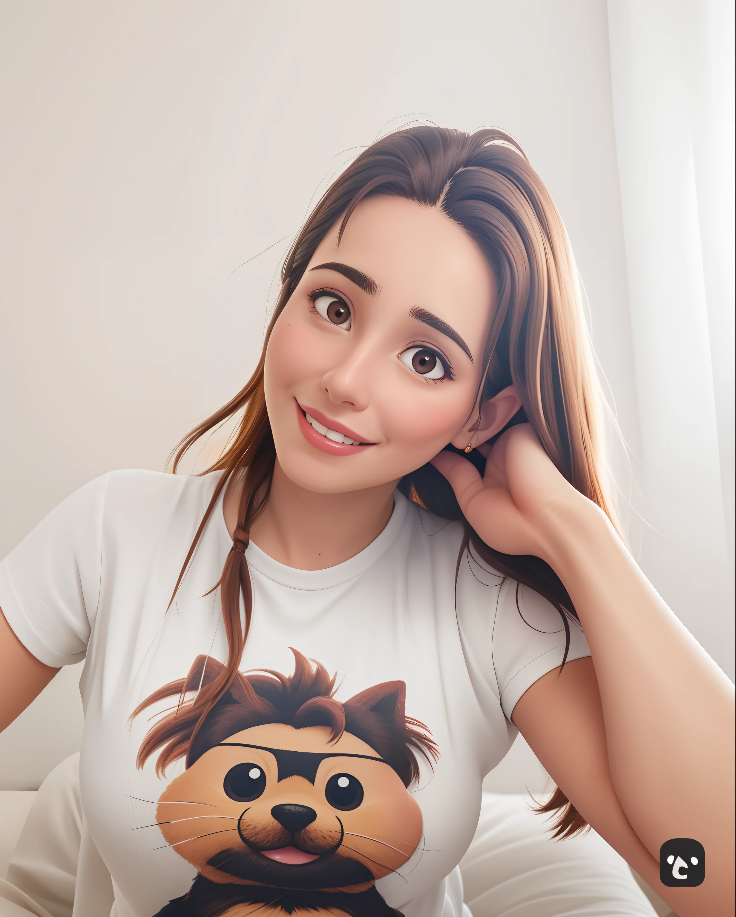 Uma mulher de 30 anos, arquiteta, with medium hair, castanho escuro, Rosto redondo, sorriso encantador, e olhos castanhos e levemente puxados, pele morena, de camisa e trabalhando.