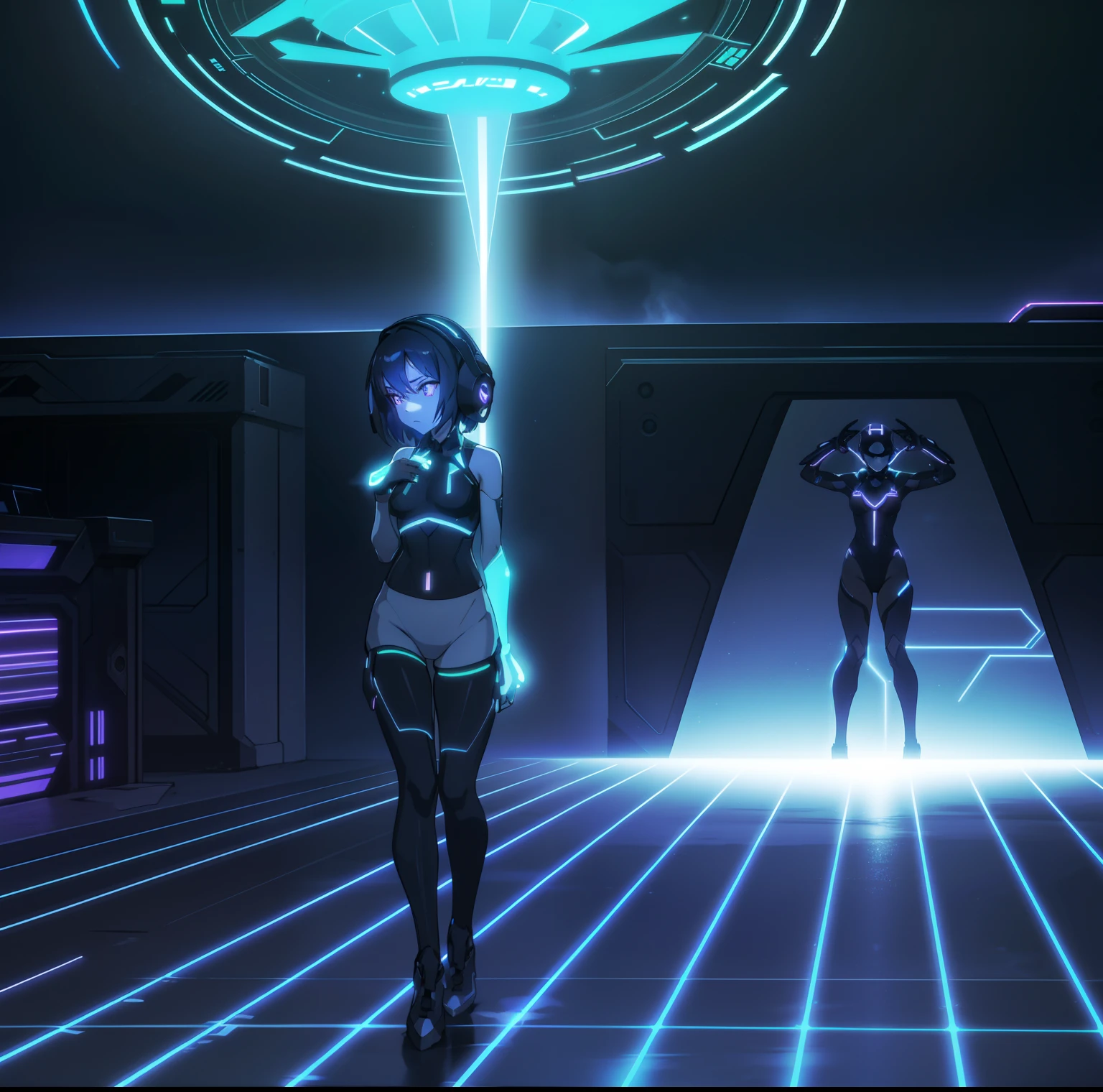 haydee, 1girl, solo, breasts, thick thighs, leotard, high heels, android, robot, dark skin, tall, faceless, tiles, tile floor, huge breasts, running, walking, huge ass, motion lines, hallway, inside, dim lighting, (ass focus), ass --auto --s2