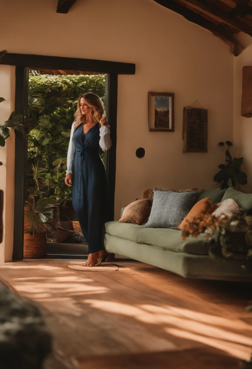 Aesthetic woman: Marcia, aproximadamente 41 anos de idade, cabelo longo estilo Disney, olhos castanhos e sorrisos. garota: longos cabelos pretos e olhos azuis. scenecy: Miguel and Giovana are in a cozy little house in the valley, ao fundo um dia ensolarado, Destacando o Sol.