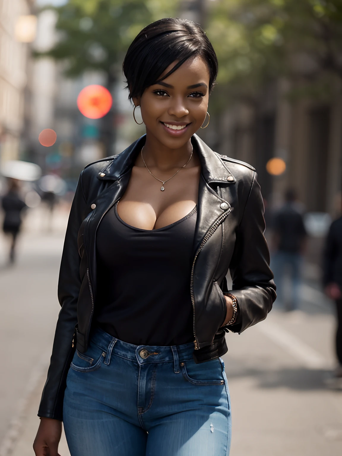 portrait photo of sexy woman in a , (african female, short black hair tied up, athletic body, medium breasts size, brown eyes, beauty skin: 1.3), (laughing), (masterpiece, best quality, intricate details, highly detailed:1.2), close up photo of a mature woman, (dark skin: 1.5), (short leather jacket, jeans:1.2), thighs, cleavage, sagging breast, slender waist, swanking, in a city, sunlight, bokeh