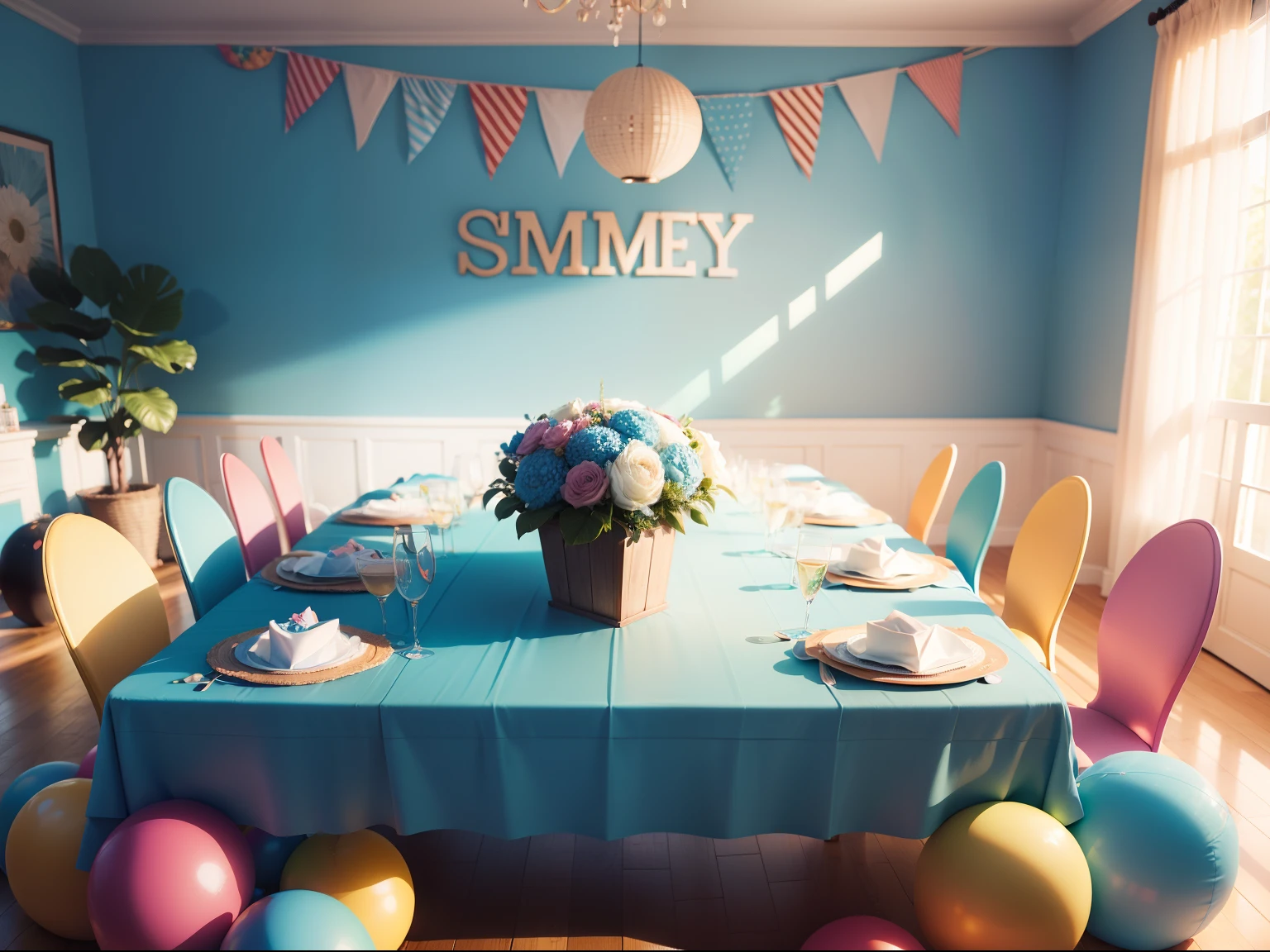 Summer Birthday Theme Table & Tableau, Em uma variedade de formas e cores, Renderizado de forma realista, photographic style.