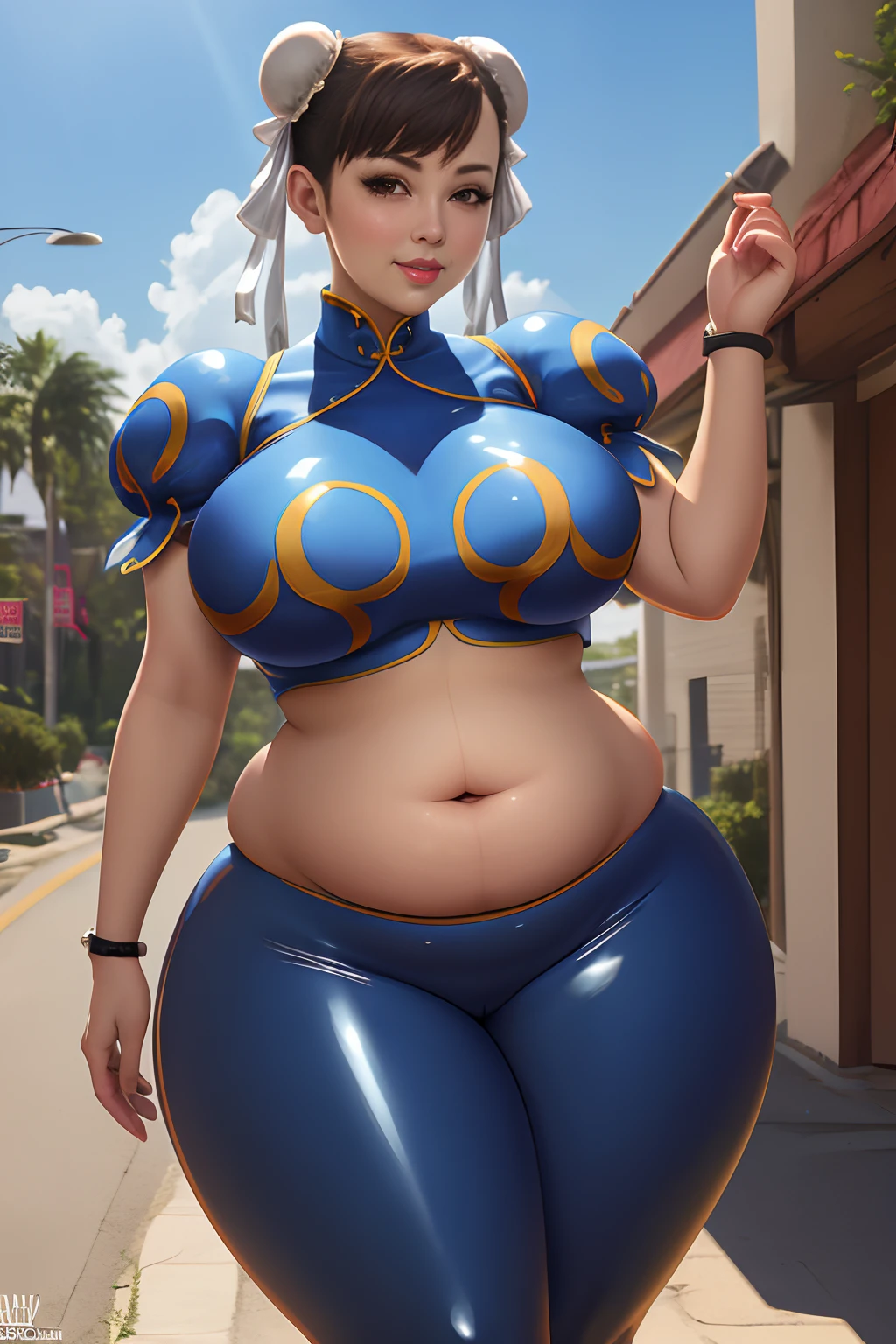 masterpiece, best quality, photorealistic, solo, small smile, (detailed eyes:0.9), Chun Li, eating donuts, cute beautiful face, big deep navel, chubby, soft, curvy, plump, fat rolls, very chubby belly, belly rolls, love handles, muffin top, sexy, tight latex pants, cellulite, thunder thighs, fed up, fatty