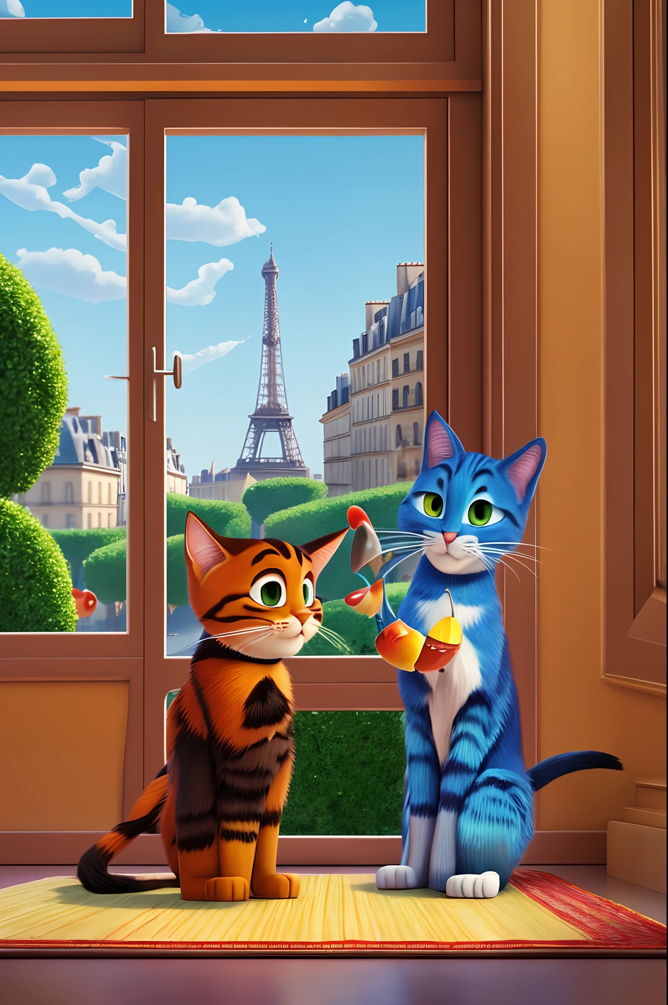 Dois gatos num jantar em paris arte pixar. --auto --s2