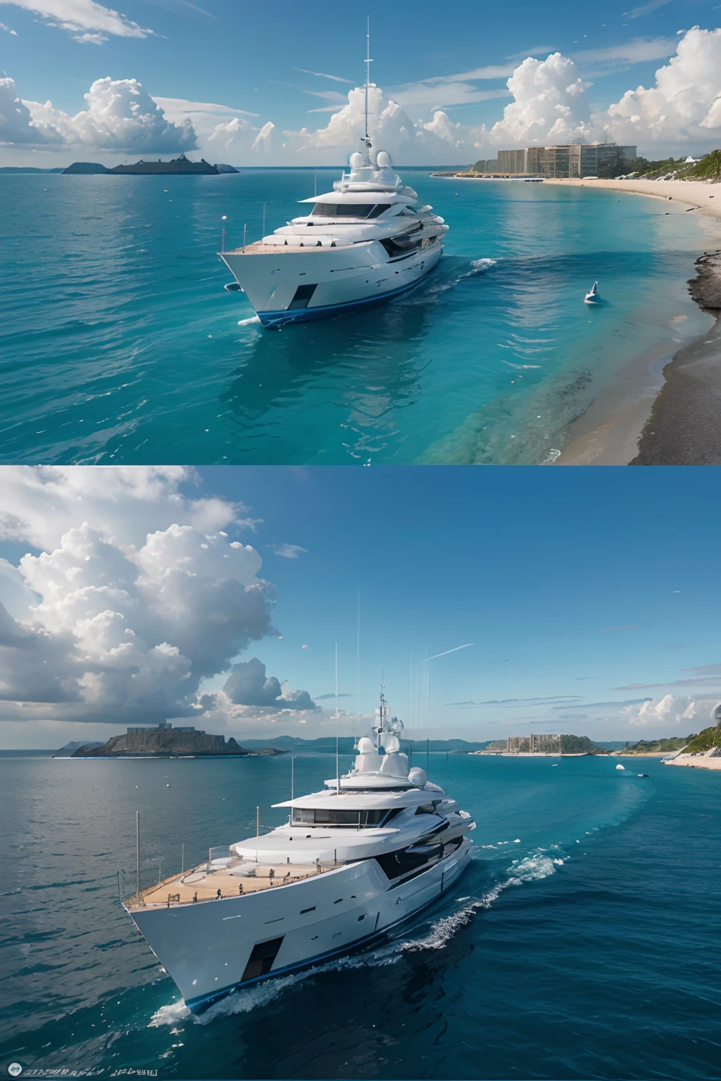 hyperdetailed futuristic 75 meter yacht :: a beautiful bay with azure water on the white beach :: against the backdrop of future glass houses structures :: hyperrealism + cinematick + hyperrealism