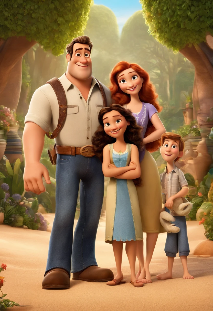 a Disney Pixar movie poster showing a white-skinned family. The father is the tallest, Tem barba curta, loiro, cabelos curtos e espinhosos. The mother has brown eyes and hair, shoulder-length and is slightly overweight. A tem 4 anos e cabelos castanhos, roupa rosa e rabos de cavalo. The background is a beach garden. 3D-rendering