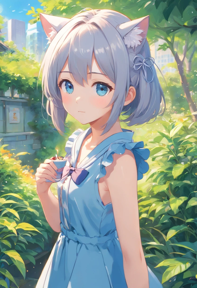 Stand in the garden、Wearing everyday clothes,silver hair,blue eyes、Cat-eared girl, Loli in dress having breakfast, small loli, artwork in the style of guweiz, guweiz on pixiv artstation, guweiz on artstation pixiv, guweiz, small loli girl, soft anime illustration, Anime visuals of cute girls, Detailed Digital Anime Art, (((No arm frills)))