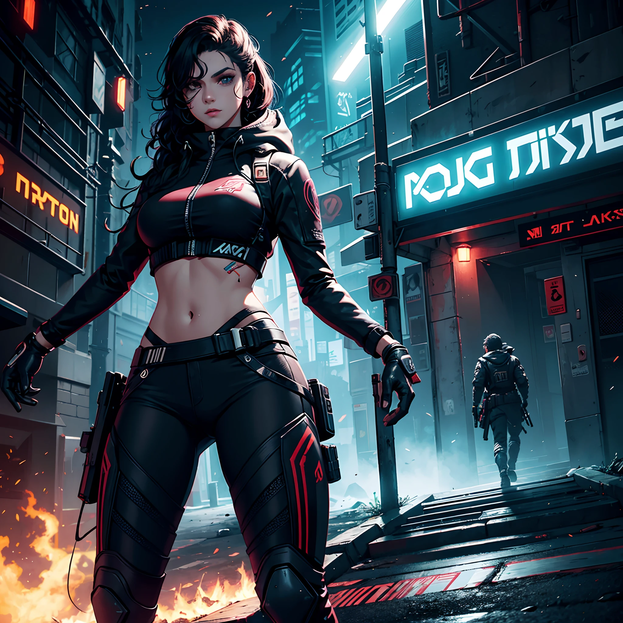Por favor, Generate a dark cyberpunk-style illustration of a character with curly hair, pontas rosa, cor de pele castanhaclarafeminina, em um jogo FPS, with visible movement buttons. Local do lugar ela de costa no estilo do jogos em terceira pessoas, que seja em um luga parecido com o jogo "csgo"
