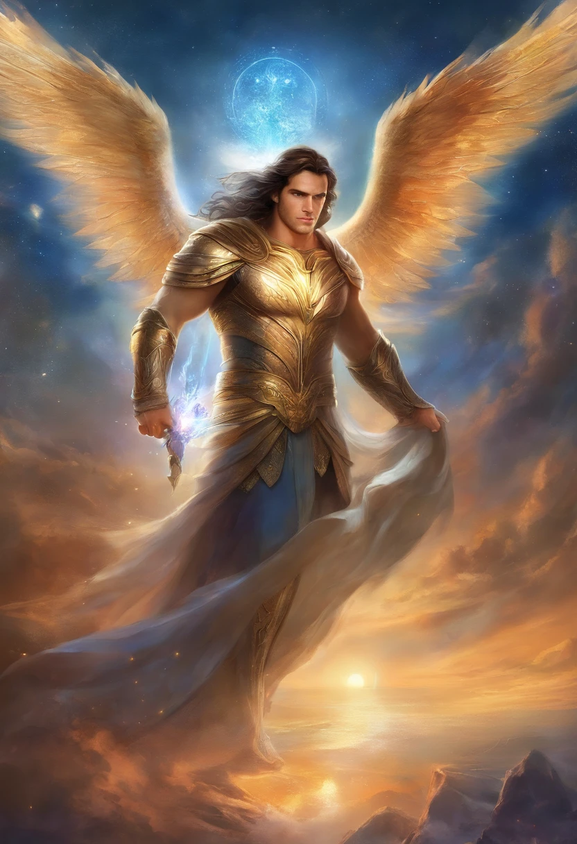 Jesus is different、The Archangels、masterpiece,Best quality,super detailed,High resolution,High resolution,4K,Portrait in 4K,8k,8k portrait,Hình nền Unity 8k,Extremely detailed CG,Thực tế,raw photo,real people,photo portrait, Photorealistic, shiny skin, Skin details, Increase the image to a resolution of 2048 * 1536. Generate a hyperrealistic image, with high and lifelike detail, In terms of Archangel Chamuel, he appears to be in his 30s, with a Japanese appearance and long black hair, Floating, ripple. He wears golden armor on his shoulders and chest signifying his position as one of God's Holy angels. Archangel Chamuel has a defined and toned six-pack, His beauty belongs to another world because he is a Celestial being. Standing at a height of 11'8" towering with a muscular physique and large biceps, He exudes power and ferocity. Mesmerized by the glory of God shining from his body, Archangel Chamuel flies from the Garden of Eden back to Heaven. Archangel Chamuel walks throughout the features of the Japanese Garden of Eden.