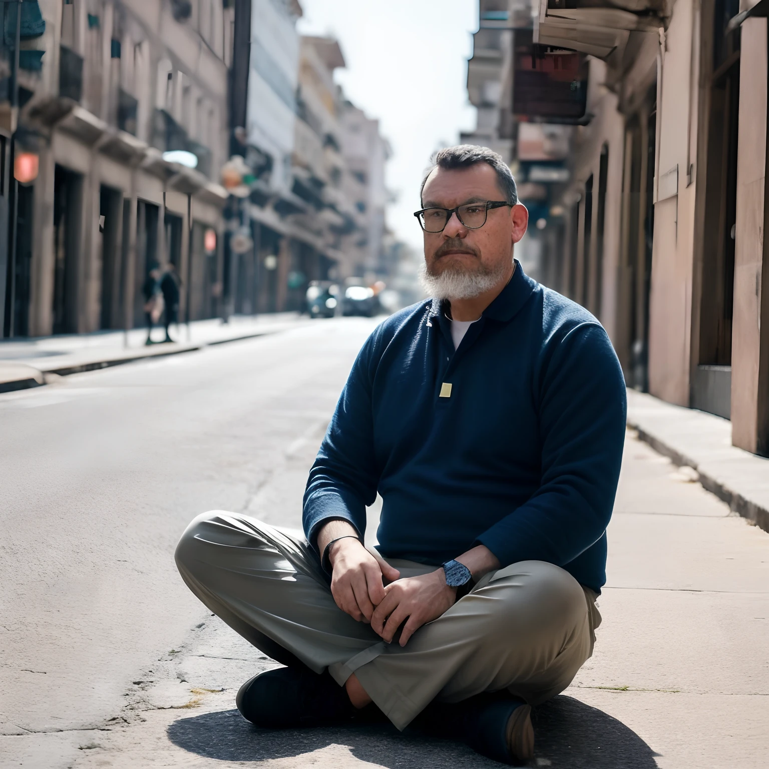 guttojugg1, half-body photo of bearded guy with glasses, sit in middle of street, ((bokeh luz)), intrincado, (steel metal [descansar]), elegante, foco nítido, Foto tirada por Greg Rutkowski, soft lighting, cores vibrantes, (master part), ((Ruas)), (Rosto detalhado:1.2)