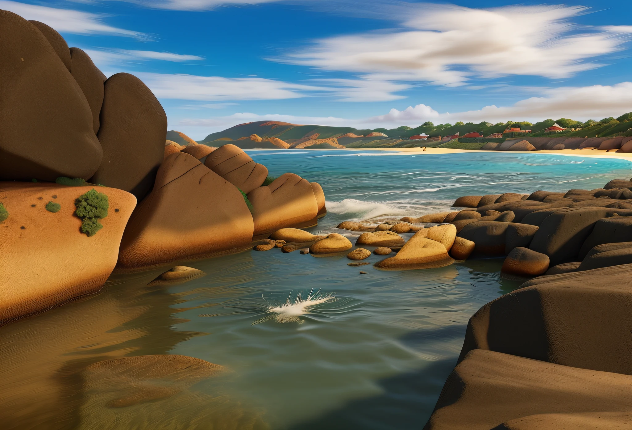 disney pixar beach, sun, beautiful day, sea, rocks, best quality, high quality